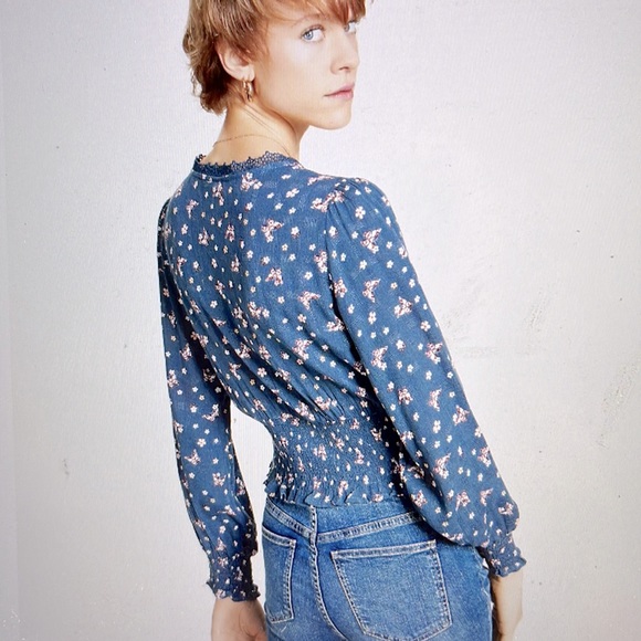 Self Esteem V-Neck Blouse with Crochet Trim and Smocked at hem and Sleeves - Picture 2 of 7